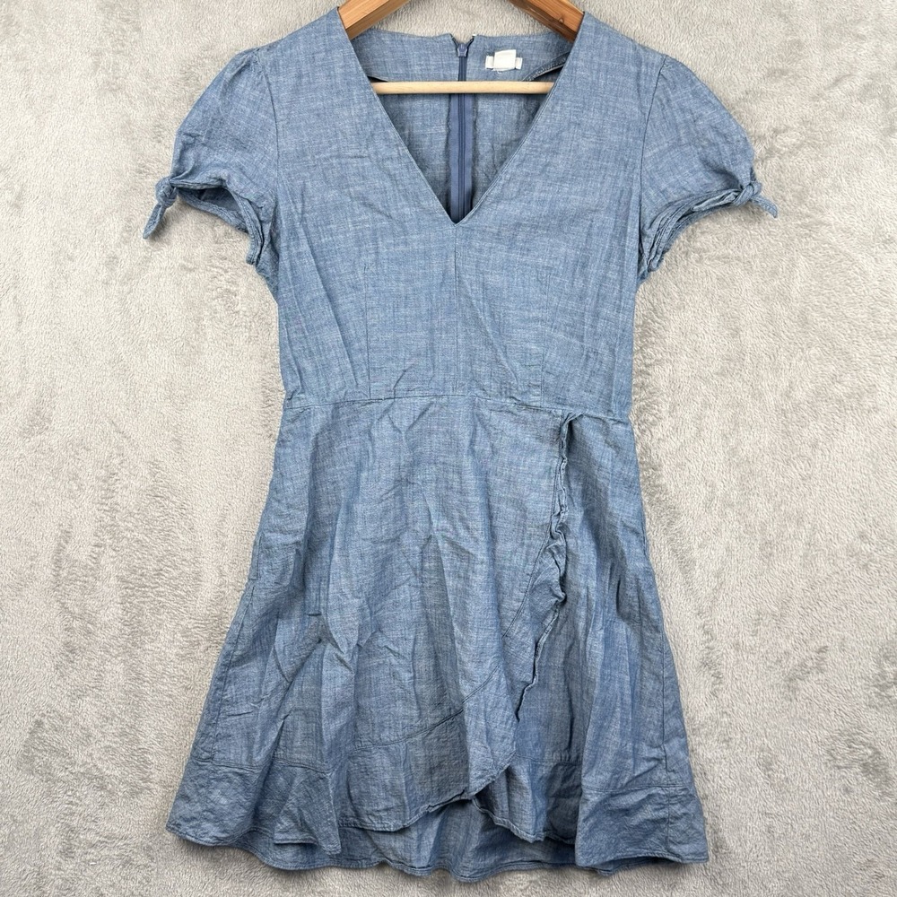 J.Crew Dress Womens 10 Blue Cotton Chambray V-Neck Faux Wrap Ruffle A-Line S/S